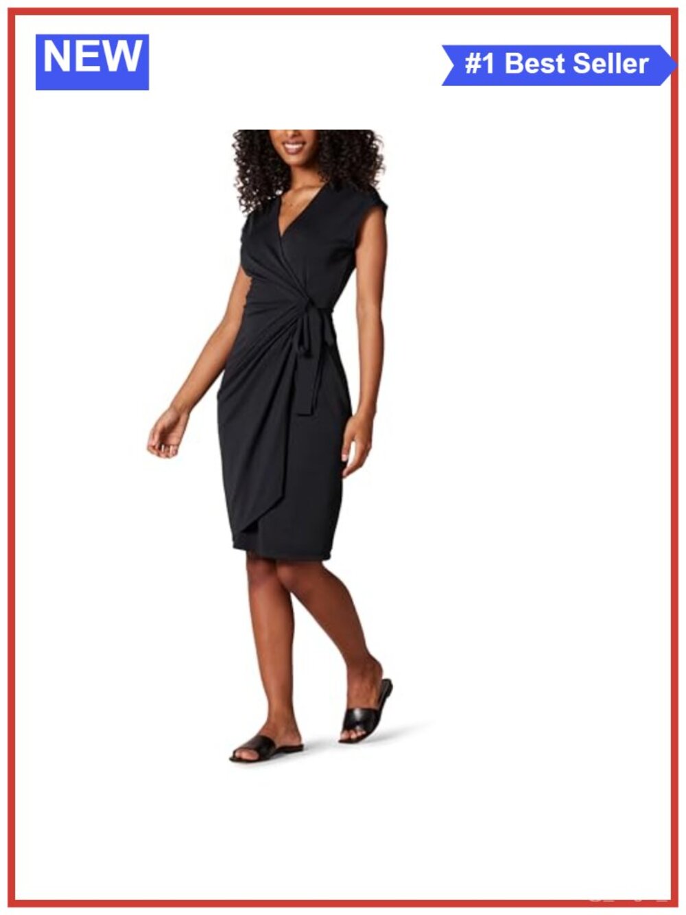 Classic Cap Sleeve Wrap Dress with V-Neck and Pleated Waist, Knee-Length, Plus